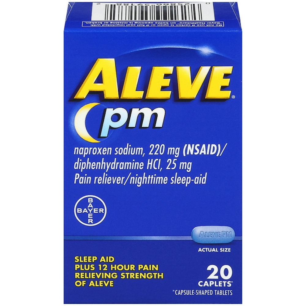 A package of Aleve PM Nighttime Pain Reliever and Sleep Aid caplets by Pasteur Pharmacy, 20 count with 220mg Naproxen Sodium.