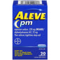 A package of Aleve PM Nighttime Pain Reliever and Sleep Aid caplets by Pasteur Pharmacy, 20 count with 220mg Naproxen Sodium.