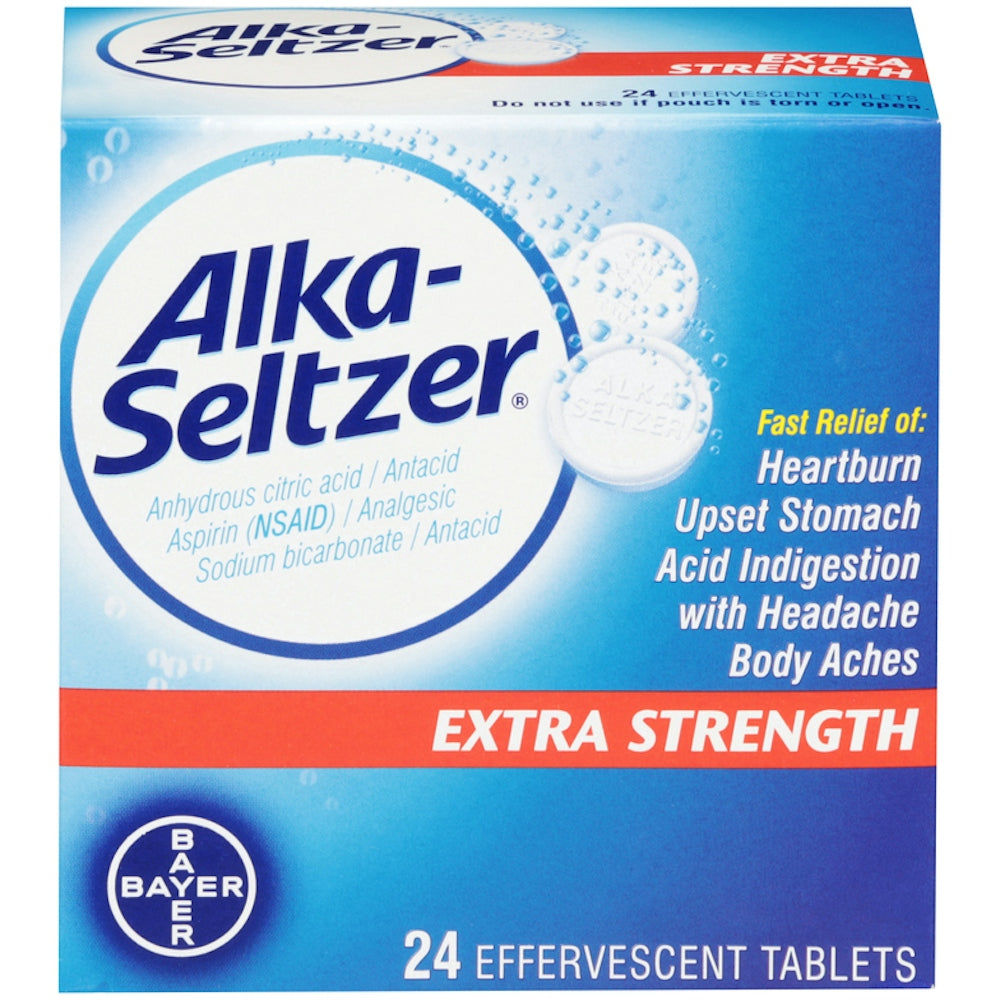 Alka-Seltzer Heartburn Relief Extra Strength effervescent tablets in a 24-count package, used for quick relief of heartburn symptoms.