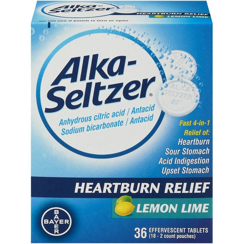 Alka-Seltzer Heartburn Relief Lemon Lime effervescent tablets in a 36-count package, used for indigestion and acid relief.