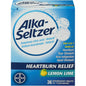 Alka-Seltzer Heartburn Relief Lemon Lime effervescent tablets in a 36-count package, used for indigestion and acid relief.