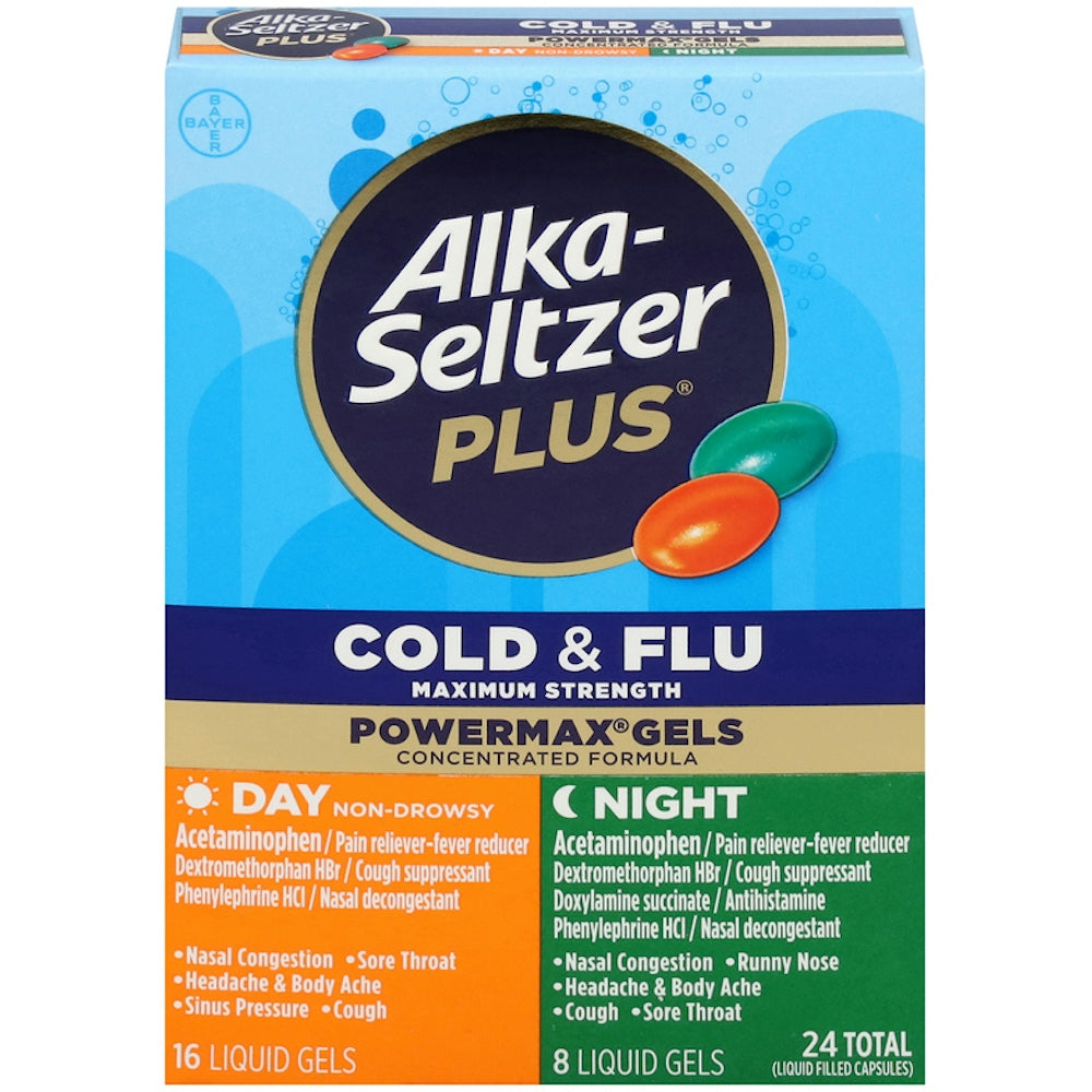 Alka-Seltzer Plus Cold & Flu Maximum Strength Day/Night Liquid Gels in a blister pack, used for cold and flu relief.