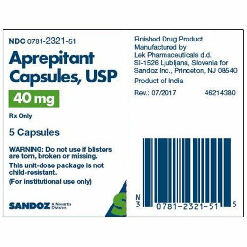 Aprepitant 40 mg capsule from Pasteur Pharmacy, medication in a clear blister pack, used for preventing nausea and vomiting.