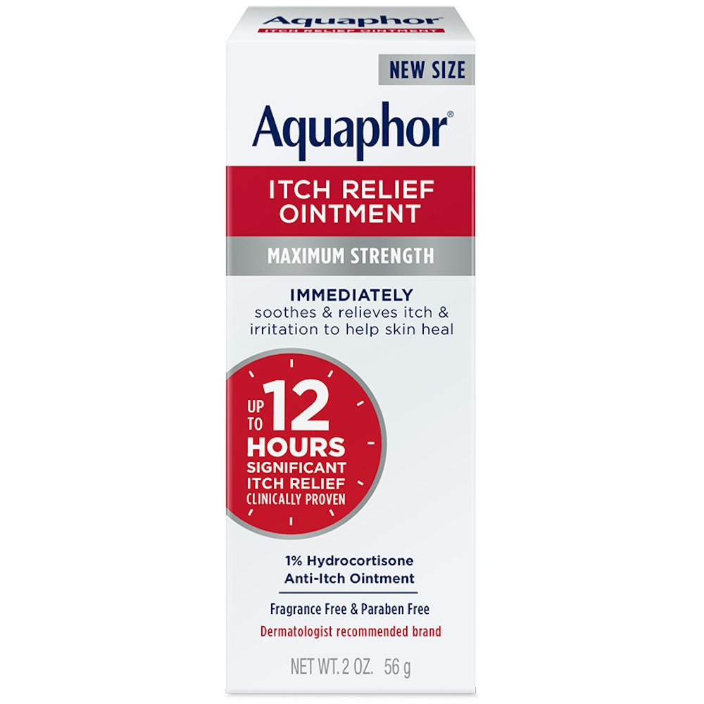 Aquaphor 1% Hydrocortisone Itch Relief Ointment 2oz from Pasteur Pharmacy, soothing skin irritation and inflammation.