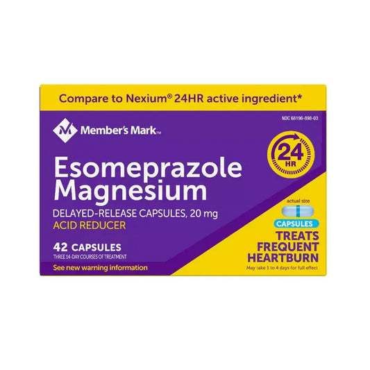 A bottle of AURO HEALTH Esomeprazole Magnesium delayed-release capsules, 42 count, medication for acid reflux treatment.