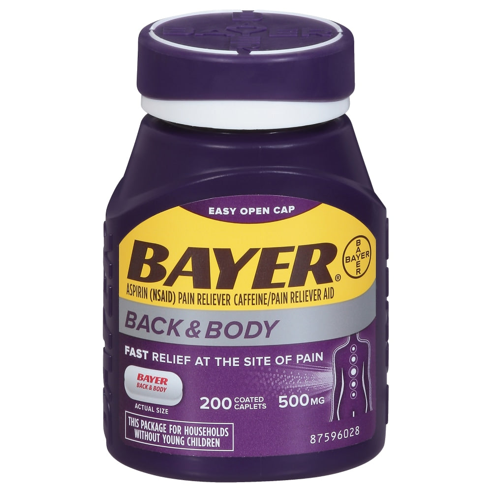 Bayer Back & Body Extra Strength Pain Reliever bottle with 200 tablets, aspirin and caffeine, by Pasteur Pharmacy.