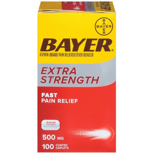Bayer Extra Strength Aspirin 500mg coated caplets for pain relief, 100 count, displayed in blister packaging.