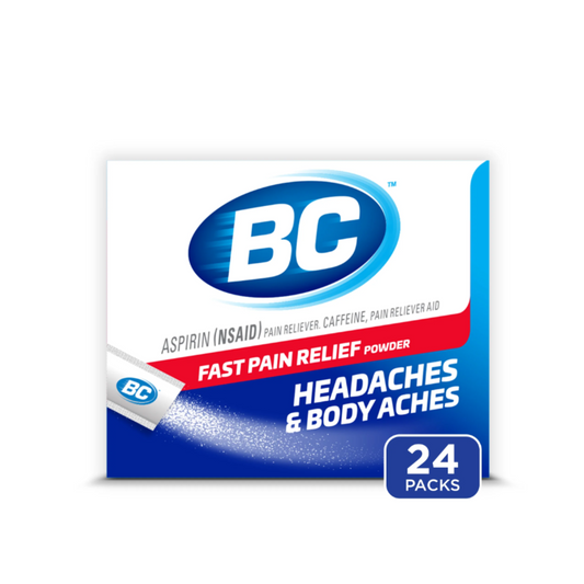 BC Fast Pain Relief Powder 6-pack boxes with 24 packets each, from Pasteur Pharmacy, showing the medicine and powder packaging.