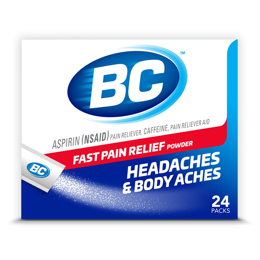 BC Powder Max Strength stick packs for fast pain relief, 24-count, in a convenient medicine and drugs packet.