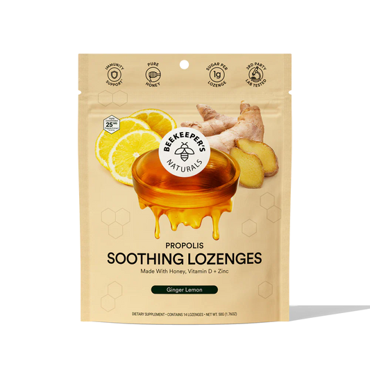 Beekeeper's Naturals Ginger Lemon soothing honey lozenges in a 14-count package, natural medicine for sore throat relief