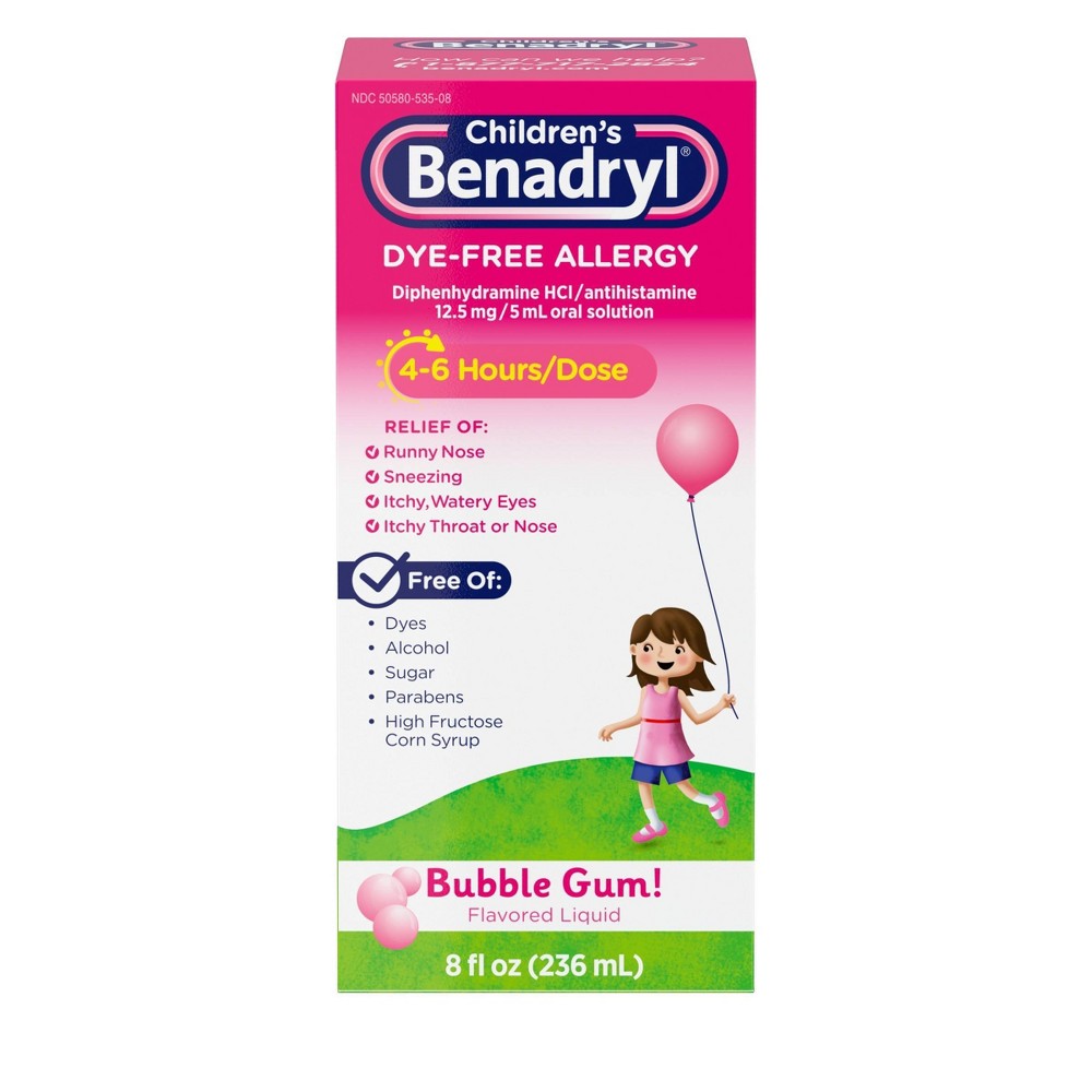 Benadryl Children's Liquid allergy medicine in bubble gum flavor, dye-free, 8 fl oz bottle from Pasteur Pharmacy