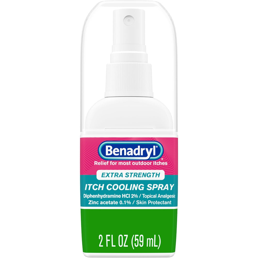 Benadryl Extra Strength Itch Relief Spray in a 2 oz bottle, topical analgesic and antihistamine for soothing skin irritation
