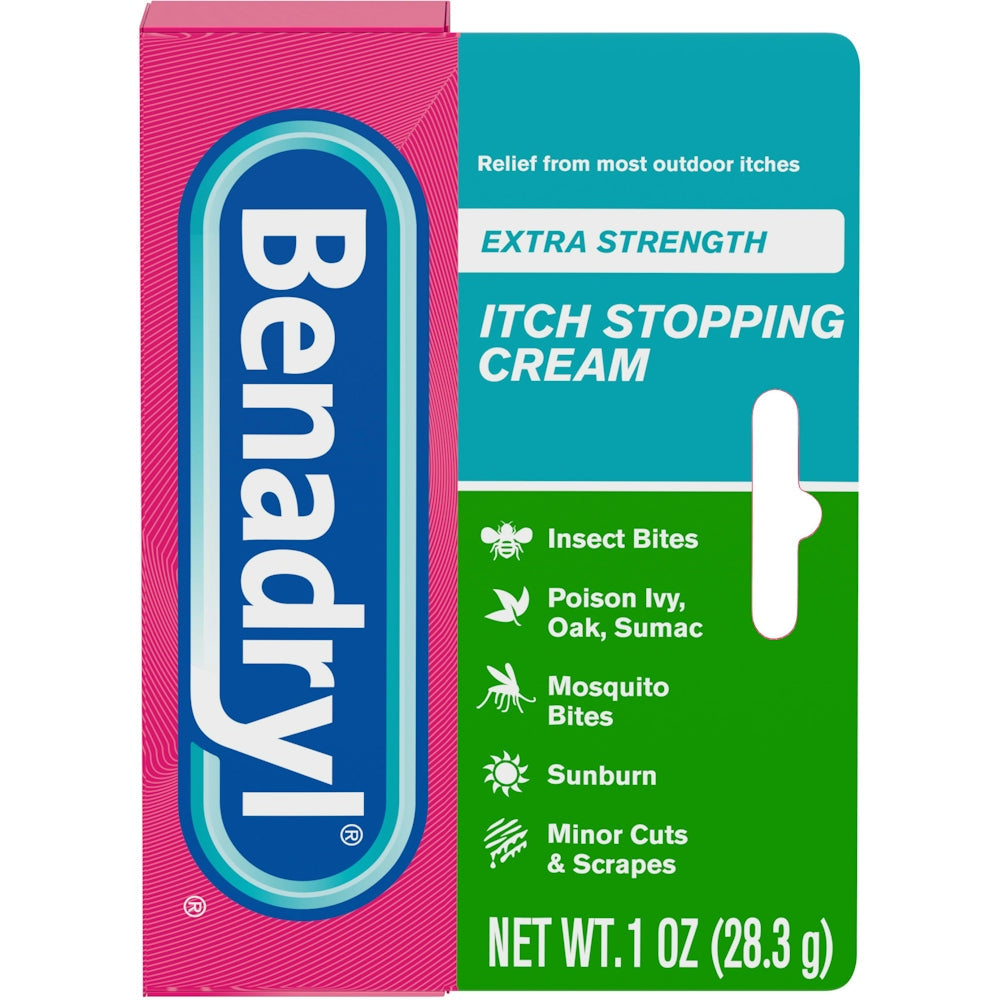 Benadryl Itch Stopping Cream Extra Strength for ages 2+ in 1 oz tube, used to relieve itching and skin irritation