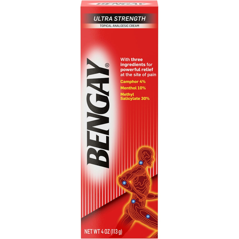Bengay Ultra Strength non-greasy topical pain relief cream in 4 oz tube, used for muscle and joint pain relief.