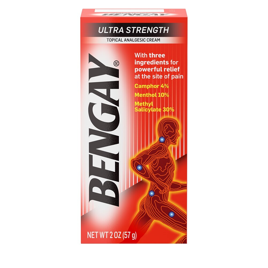 Bengay Ultra Strength Pain Relief Cream 2 oz bottle, non-greasy topical analgesic for muscle and joint pain relief.