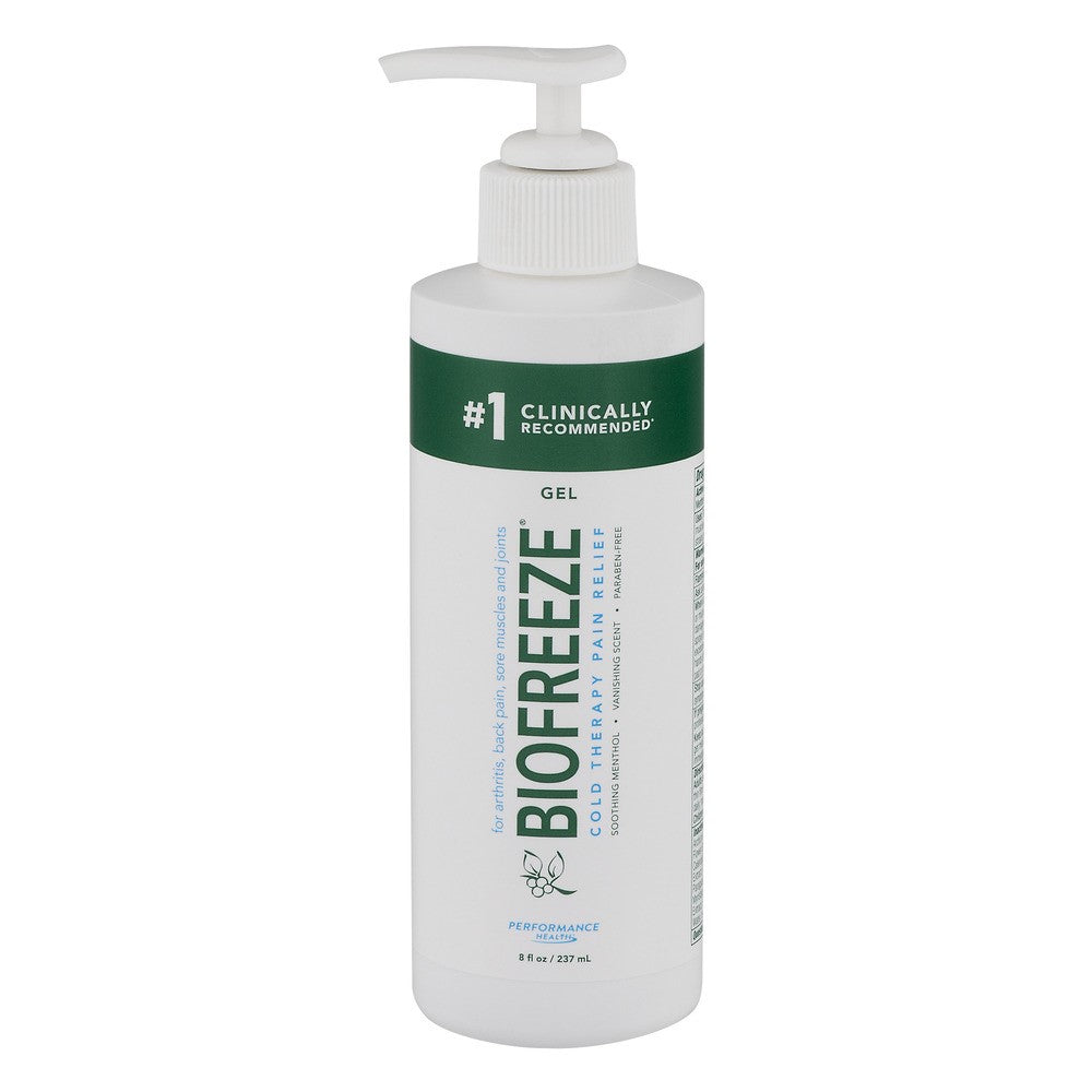 Biofreeze Cold Therapy Pain Relief Gel in an 8 fl oz pump, used for soothing muscle and joint pain.