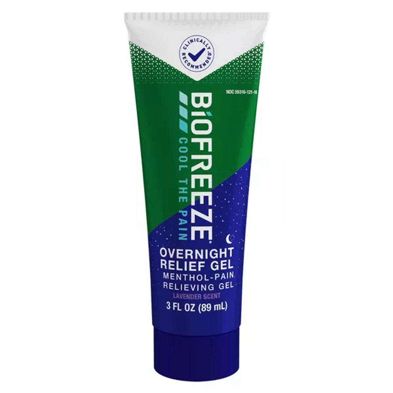 Biofreeze Overnight Relief Gel 3 oz tube with cooling menthol and lavender scent, used for pain relief and muscle soothing.