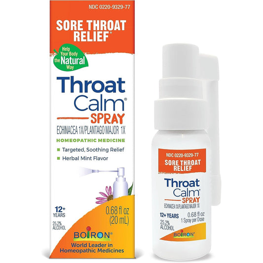 Boiron ThroatCalm sore throat relief spray in a 0.68oz bottle, designed to soothe and calm sore throats naturally.