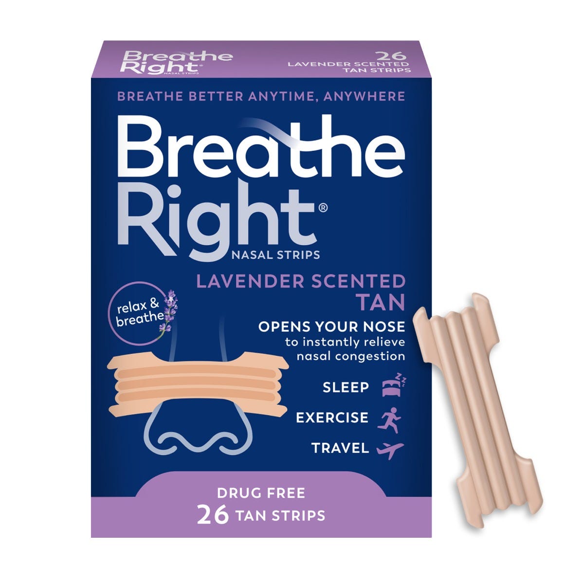 Breathe Right calming lavender scented nasal strips on a package, designed to ease nasal congestion and promote relaxation.