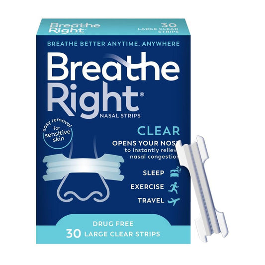 Large clear Breathe Right nasal strips for sensitive skin, designed to improve airflow and reduce nasal congestion.