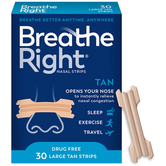Breathe Right Nasal Strips in tan for large, extra strength grip, designed to help improve nasal airflow and reduce snoring.