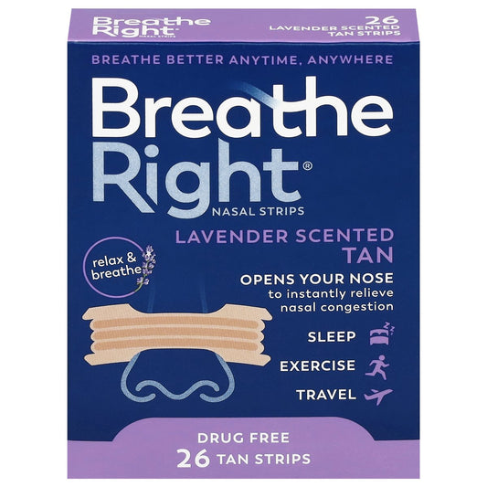 Tan Breathe Right nasal strips with lavender scent from Pasteur Pharmacy, designed to help open nasal passages comfortably.