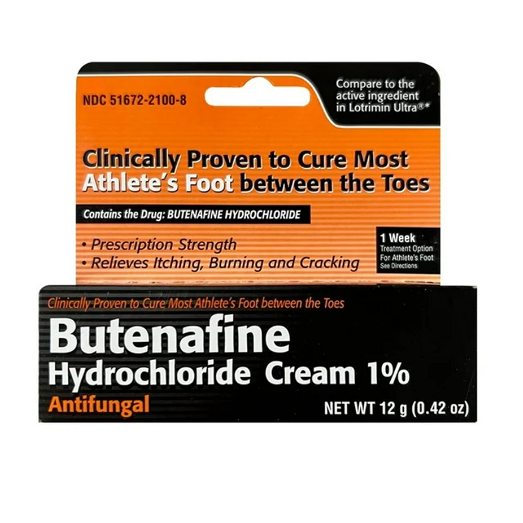 Butenafine HCl 1% antifungal cream in a 12g tube, used for prescription-strength skin relief, from Pasteur Pharmacy.