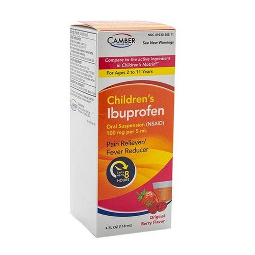 Camber Children's Ibuprofen Suspension in Berry flavor, 100 mg, 4 oz bottle, medication for children from Pasteur Pharmacy.