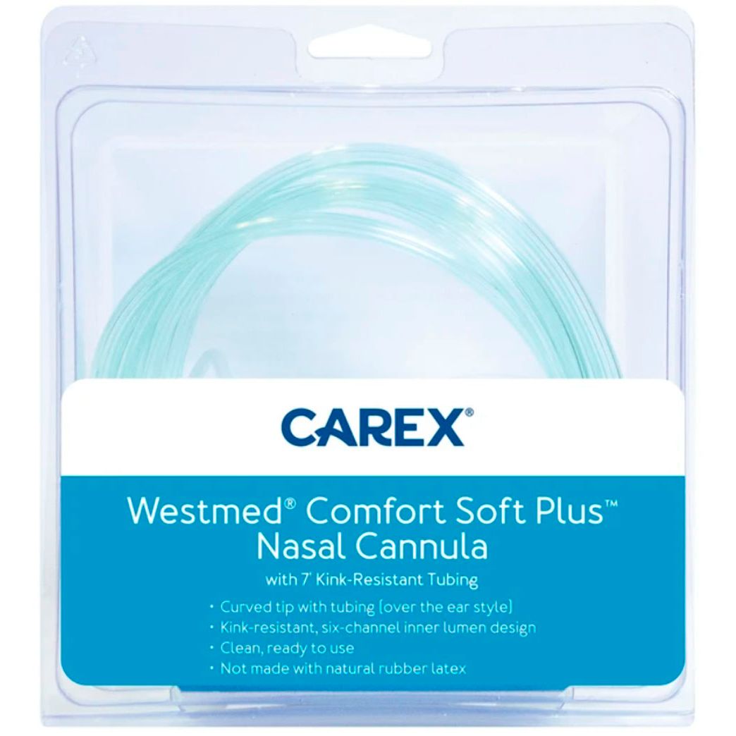Carex Nasal Cannula Westmed Comfort Soft Plus for oxygen therapy, shown in a clear medical setting image.