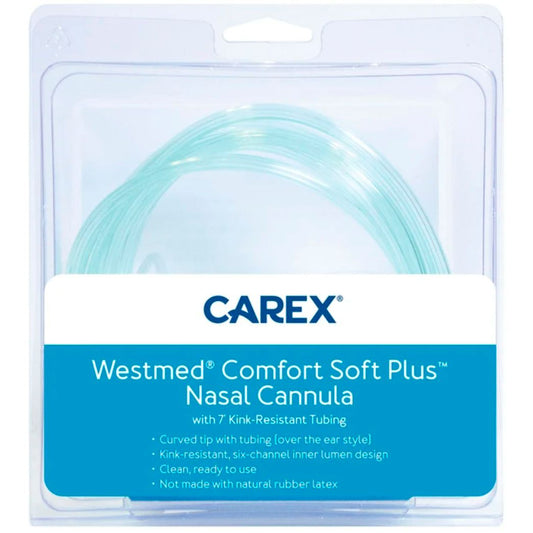 Carex Nasal Cannula Westmed Comfort Soft Plus for oxygen therapy, shown in a clear medical setting image.