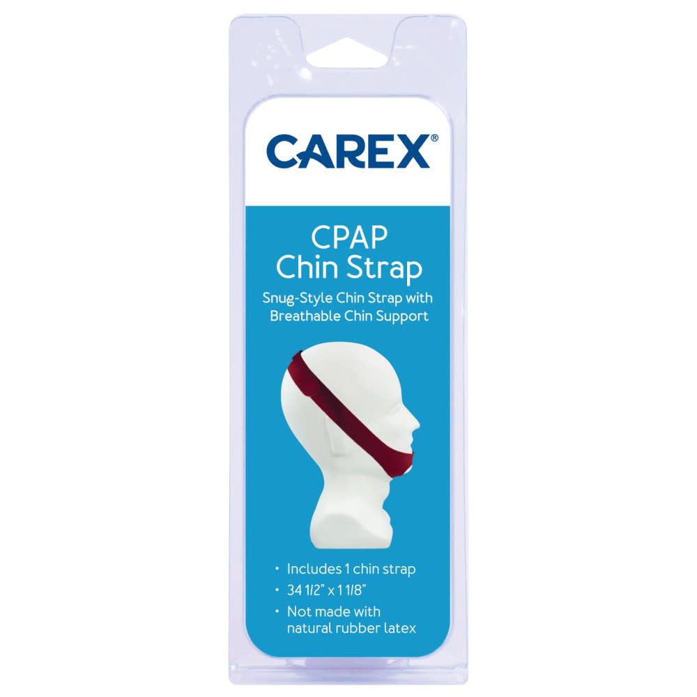 Carex Snug-Style CPAP chin strap for sleep apnea, beige fabric, adjustable head straps, designed for comfortable CPAP therapy.