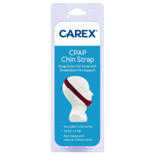 Carex Snug-Style CPAP chin strap for sleep apnea, beige fabric, adjustable head straps, designed for comfortable CPAP therapy.