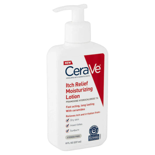 Cerave Itch Relief Medicine in an 8oz bottle, featuring soothing treatment for itchy skin, displayed on a plain background.