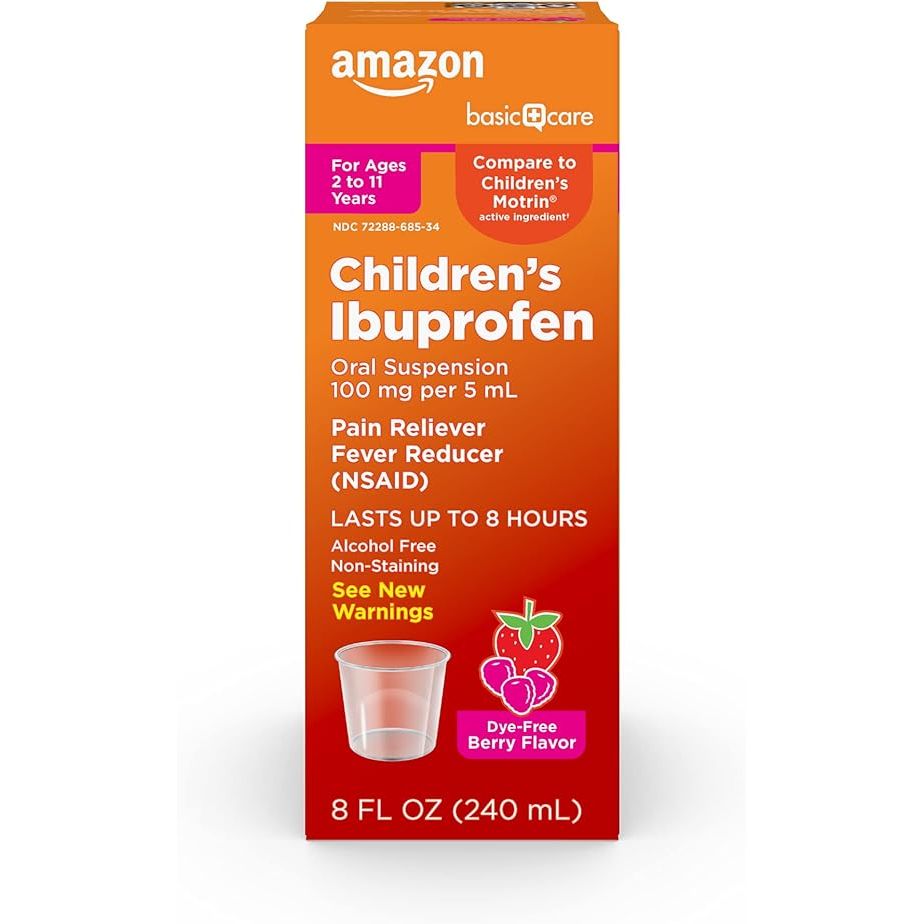 Children's Ibuprofen oral suspension 100 mg/5 mL in unit dose cups, packaged in a case of 100 by Pasteur Pharmacy.