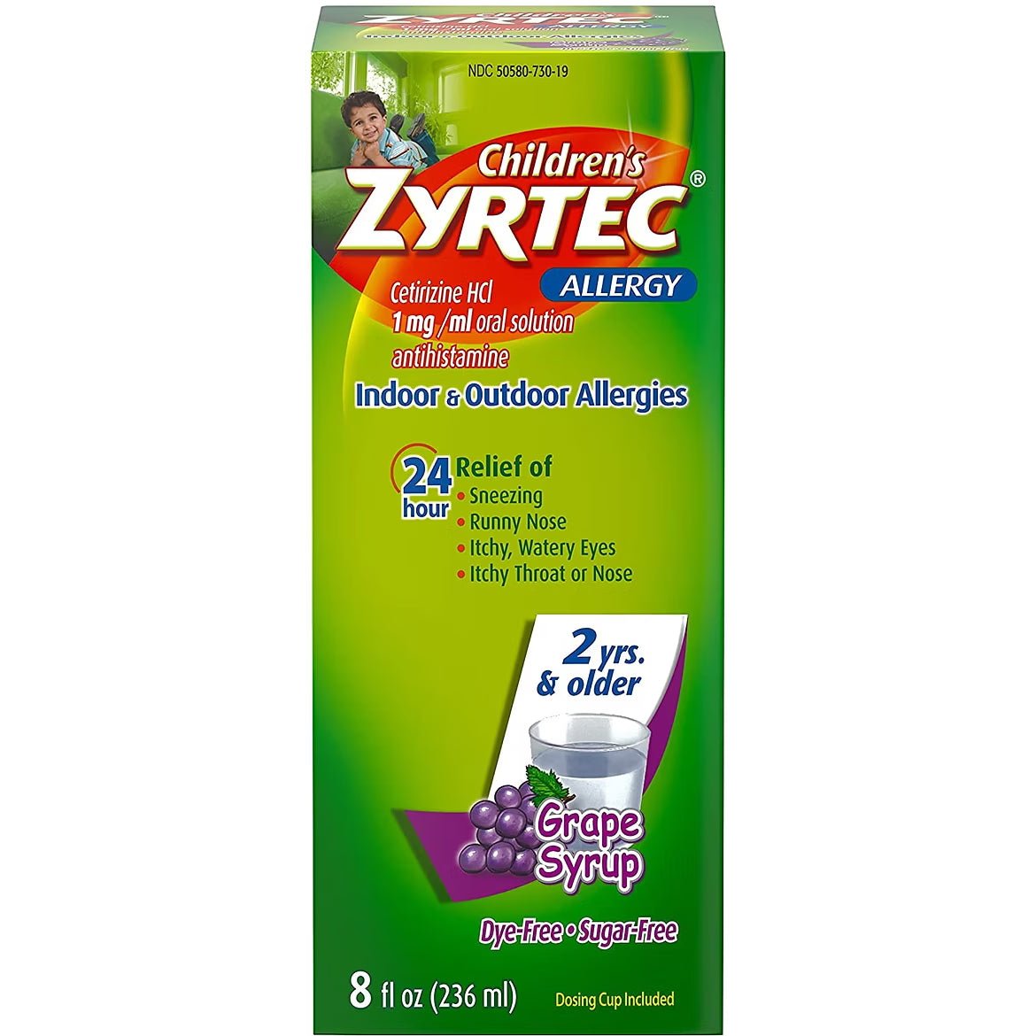 Children's Zyrtec allergy syrup in grape flavor, 236ml bottle, with a child-friendly medicine packaging and dosage information.