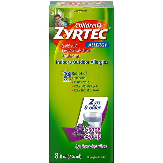 Children's Zyrtec allergy syrup in grape flavor, 236ml bottle, with a child-friendly medicine packaging and dosage information.
