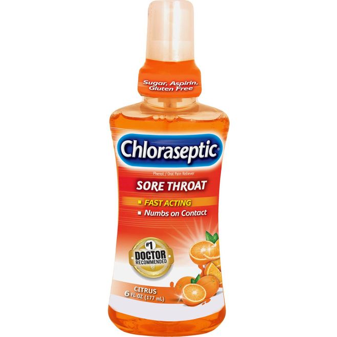 Chloraseptic Sore Throat Spray by Pasteur Pharmacy in citrus flavor, 6 fl oz bottle, for sore throat relief.