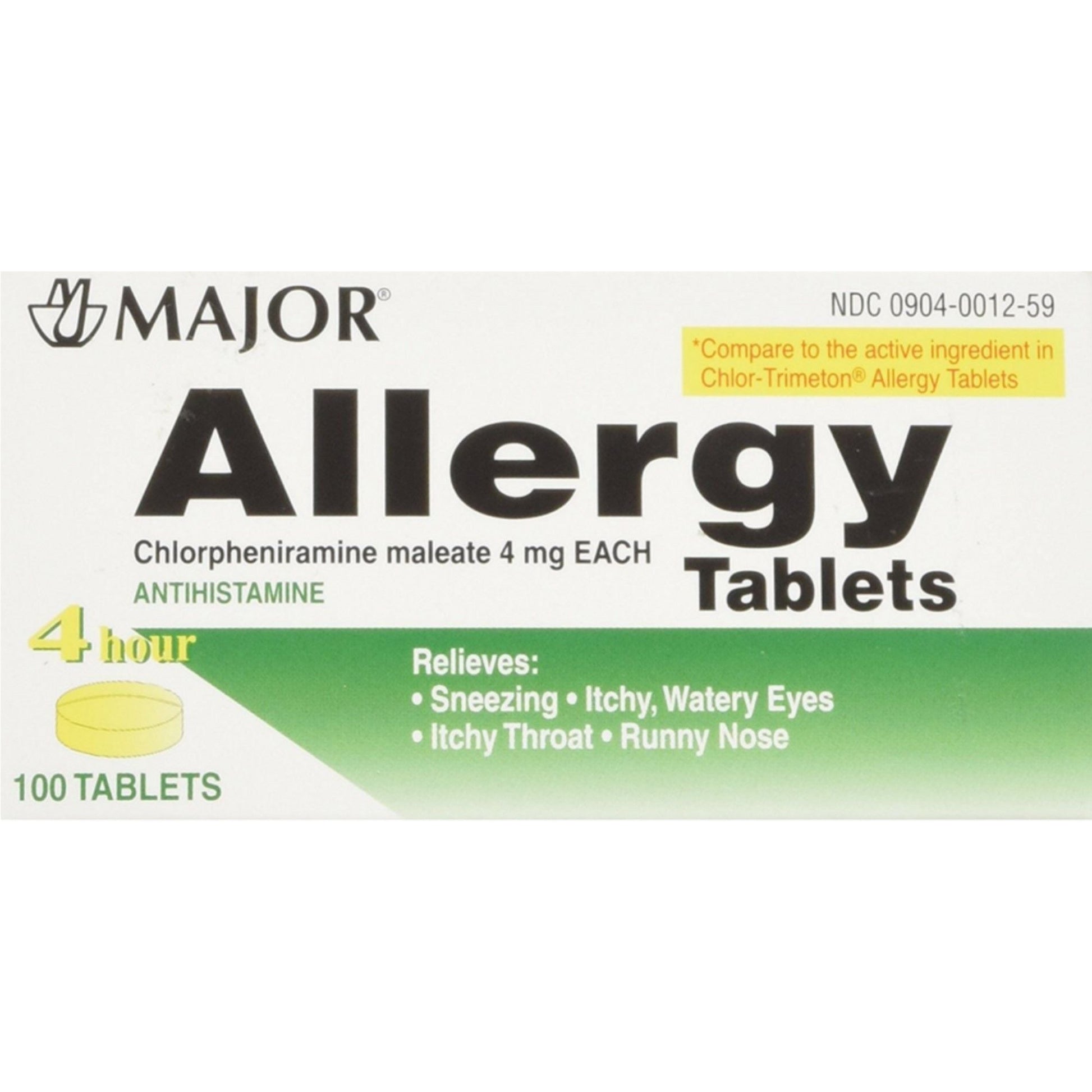 Chlorpheniramine Maleate 4 mg tablets, a medicine for allergy relief, displayed in a blister pack on a pharmacy counter.