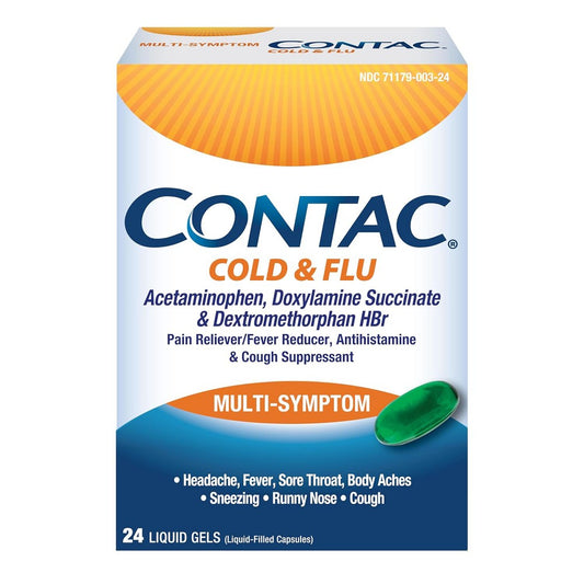 Contac Cold & Flu Multi Symptom 24 Liquid Gels in a bottle, medicine and drugs by Pasteur Pharmacy for cold and flu relief.