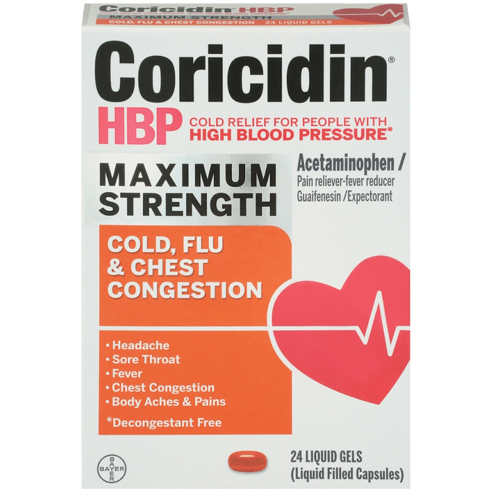 Coricidin HBP Maximum Strength Cold, Flu & Chest Congestion medicine in 24 liquid gel capsules, from Pasteur Pharmacy.