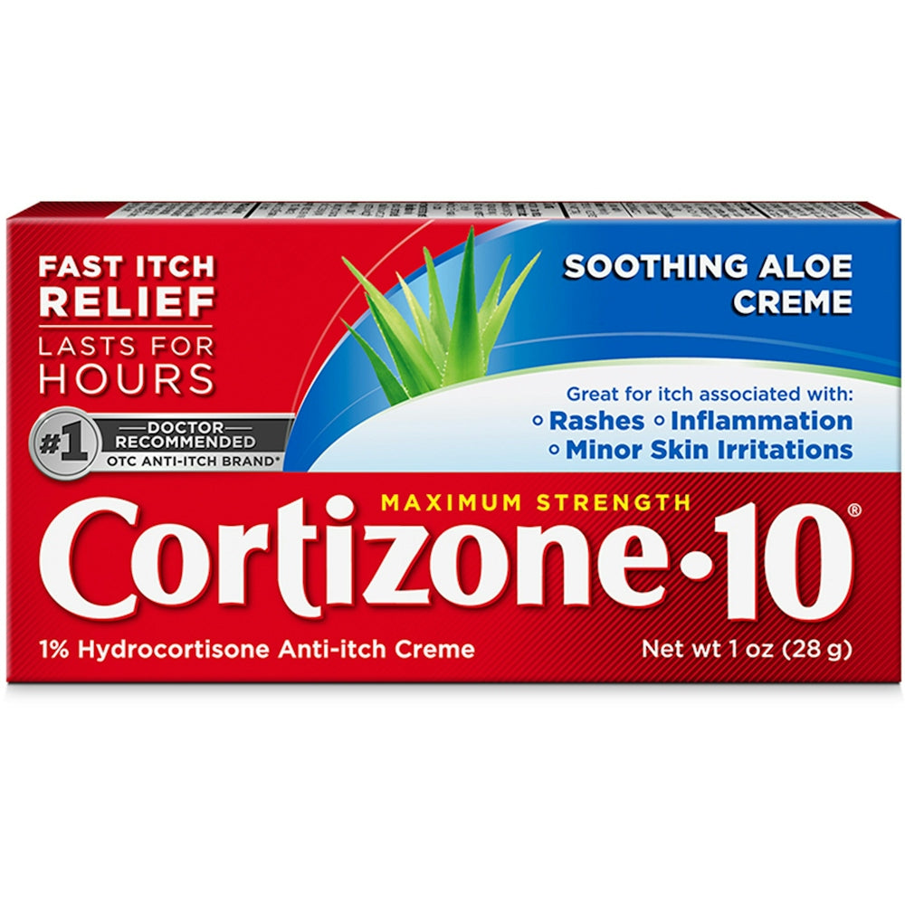 Cortizone 10 Anti Itch Creme Max Strength 1 Oz tube, medicated skin relief for itching and irritation, by Pasteur Pharmacy.