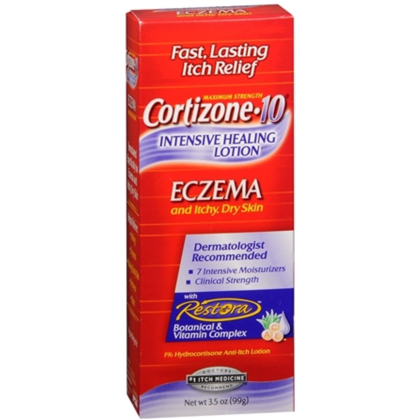 Cortizone-10 Intensive Healing Eczema Lotion by Pasteur Pharmacy, maximum strength, 3.5 oz tube for skin relief and healing.