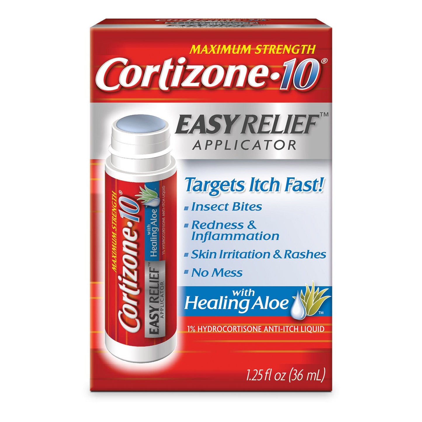Cortizone-10 maximum strength anti-itch liquid applicator in 1.25 fl oz tube, used for skin relief from itching and irritation.