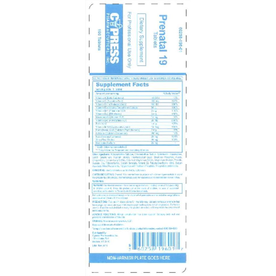Cypress Pharmaceutical Prenatal 19 capsules, a prenatal medicine in a white bottle with a label, from Pasteur Pharmacy.