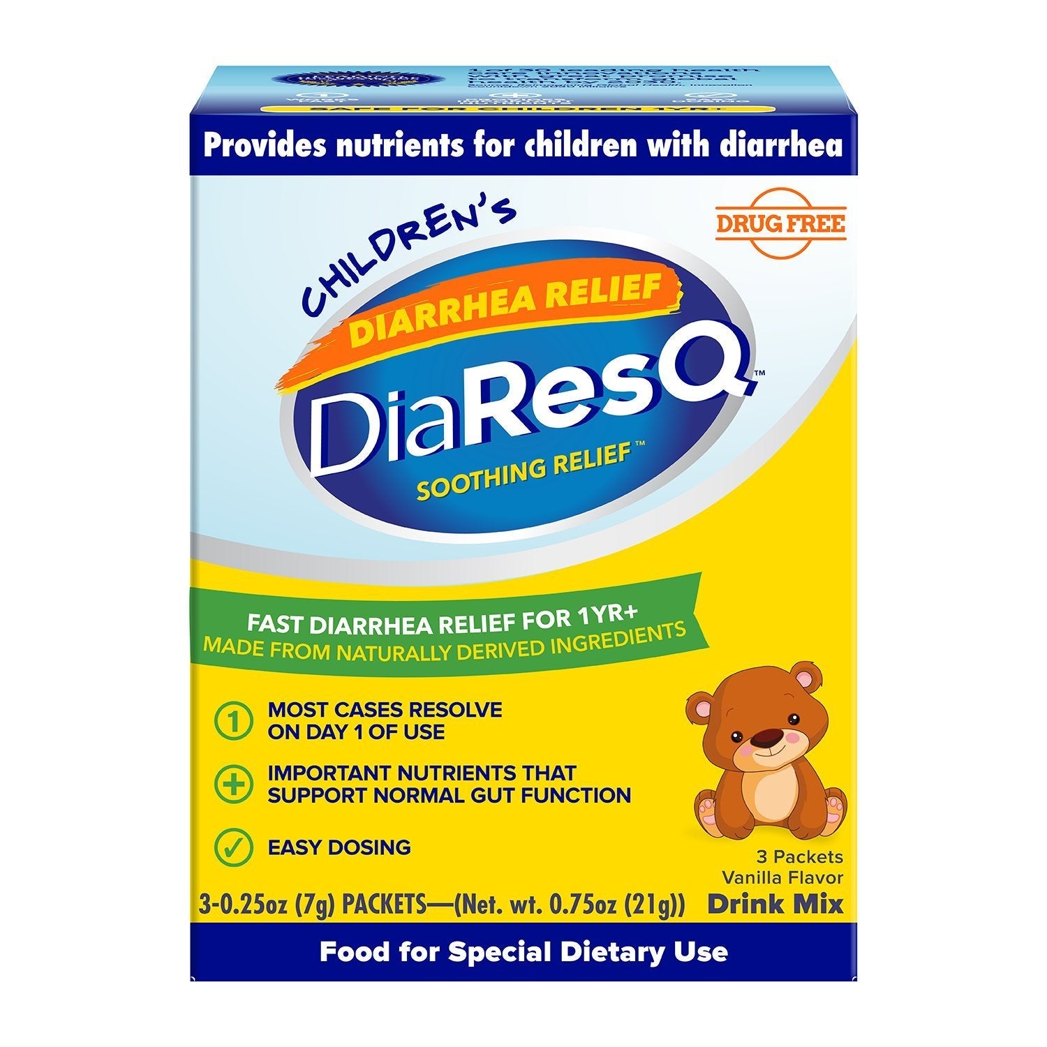 Children's DiaResQ soothing diarrhea relief drink mix packets with vanilla flavor from Pasteur Pharmacy, showing packaging and flavor details.