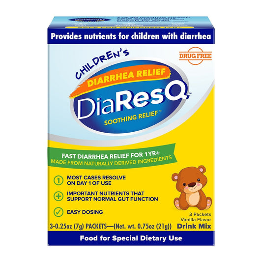 Children's DiaResQ soothing diarrhea relief drink mix packets with vanilla flavor from Pasteur Pharmacy, showing packaging and flavor details.
