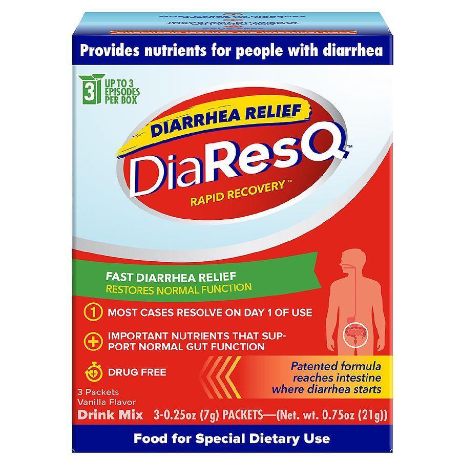 DiaResQ Rapid Relief Digestive Health Formula vanilla-flavored packets by Pasteur Pharmacy, 3-pack, 21g each for digestive comfort.