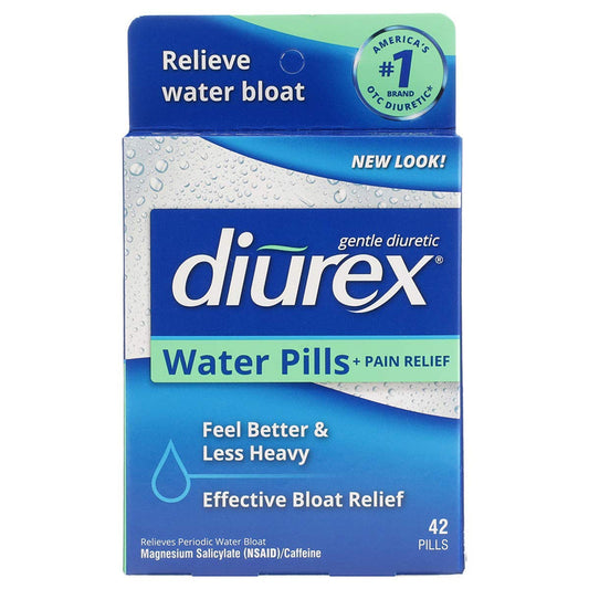 Diurex Water Pills with Pain Relief for water bloat and cramps, 42-count, in blister packaging from Pasteur Pharmacy.