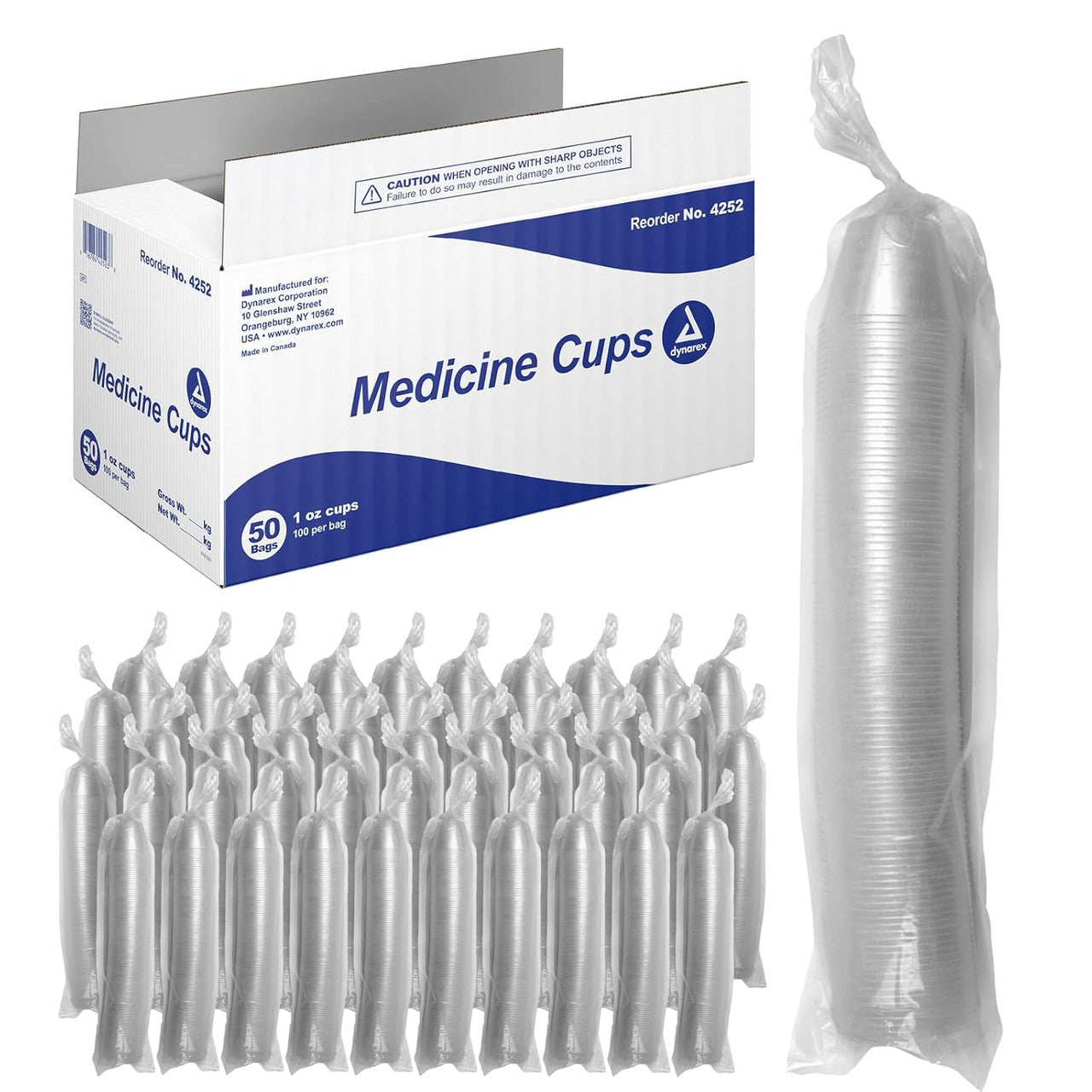 Dynarex graduated medicine cups for precise measurement, shown in a pack of five, used for accurate dosing of medicines and liquids.