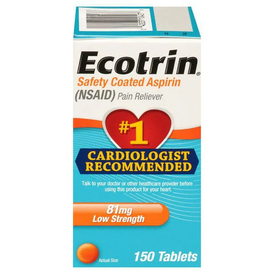 Ecotrin Low Dose Safety Coated Aspirin 81mg bottle with 150 tablets, suitable for daily heart health, from Pasteur Pharmacy.